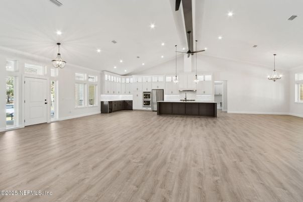 Chandelier, Interior, Kitchen, Pendant Lights, Recessed Lighting, Stainless Steel Appliances, Wood Texture Flooring
