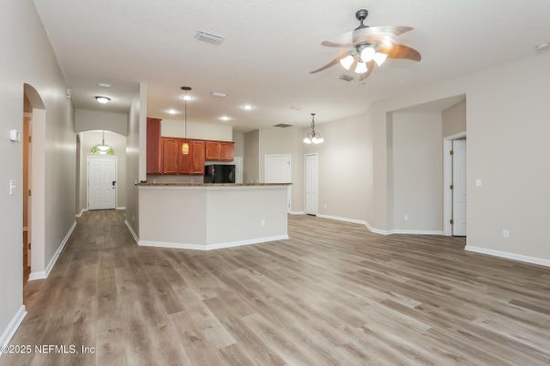 Interior, Kitchen, Pendant Lights, Recessed Lighting, Wood Texture Flooring