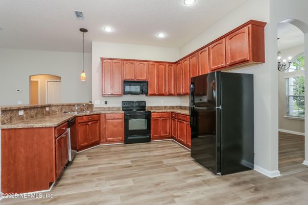 Chandelier, Interior, Kitchen, Pendant Lights, Recessed Lighting, Wood Texture Flooring