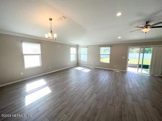 Chandelier, Empty room, Interior, Pendant Lights, Recessed Lighting, Wood Texture Flooring