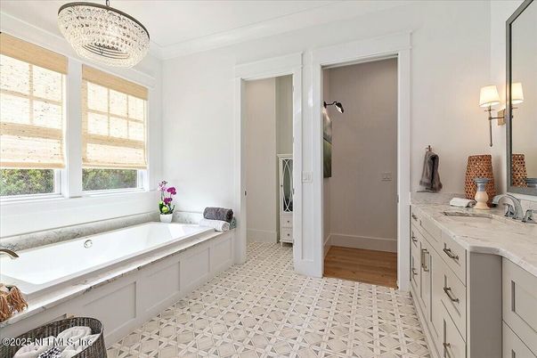 Bathroom, Chandelier, Interior, Wood Texture Flooring