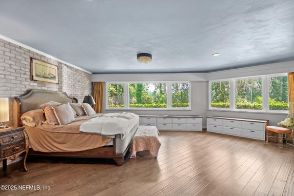 Bedroom, Interior, Recessed Lighting, Stone Walls, Wood Texture Flooring