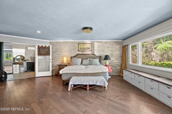 Bedroom, Interior, Recessed Lighting, Stone Walls, Wood Texture Flooring