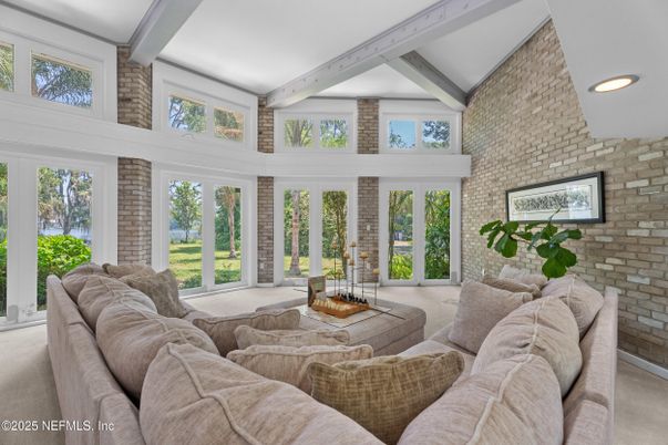 Interior, Living room, Recessed Lighting, Stone Walls, Wooden Beams