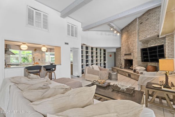 Fireplace, Interior, Kitchen, Living room, Pendant Lights, Stone Walls