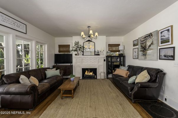 Chandelier, Fireplace, Interior, Living room, Wood Texture Flooring