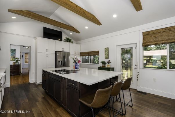 Interior, Kitchen, Recessed Lighting, Stainless Steel Appliances, Wooden Beams, Wood Texture Flooring