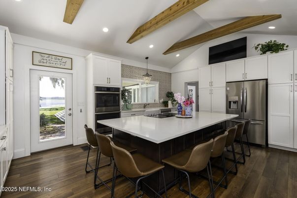 Interior, Kitchen, Recessed Lighting, Stainless Steel Appliances, Wooden Beams, Wood Texture Flooring