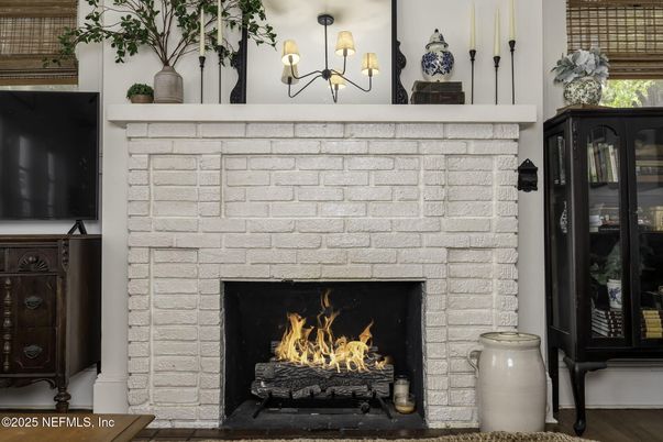Chandelier, Fireplace, Interior, Stone Walls