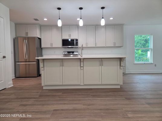 Interior, Kitchen, Pendant Lights, Recessed Lighting, Stainless Steel Appliances, Wood Texture Flooring