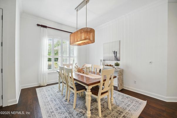Dining room, Interior, Pendant Lights, Wood Texture Flooring
