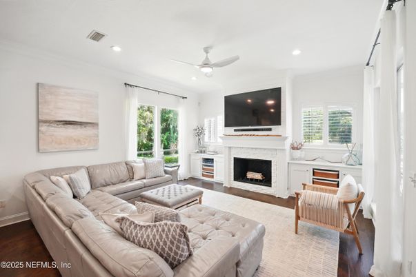 Fireplace, Interior, Living room, Recessed Lighting, Wood Texture Flooring