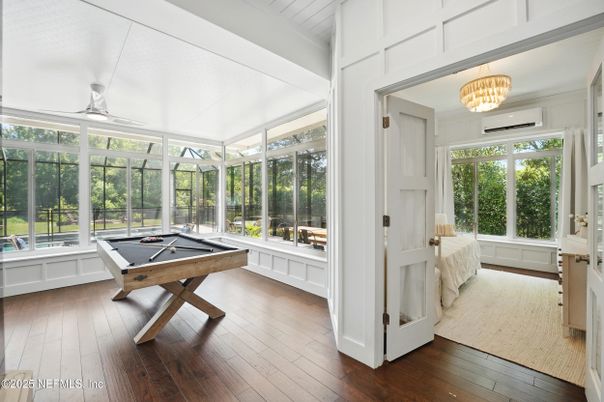 Billiard Table, Chandelier, Game Room, Interior, Sun Room, Wood Texture Flooring