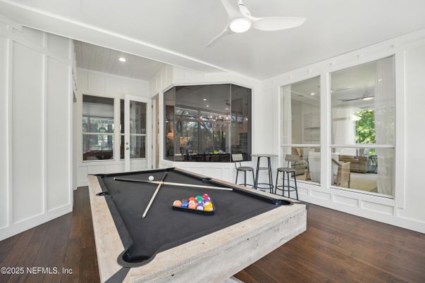 Billiard Table, Game Room, Interior, Recessed Lighting, Wood Texture Flooring