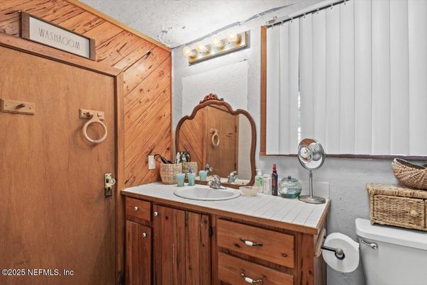 Bathroom, Interior, Tile Countertops, Wooden Walls