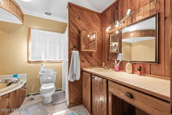 Bathroom, Interior, Tile Countertops, Wooden Walls