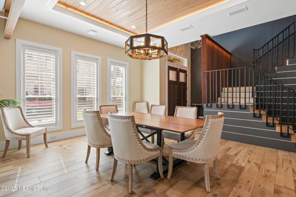 Chandelier, Dining room, Interior, Pendant Lights, Recessed Lighting, Wooden Ceilings, Wood Texture Flooring