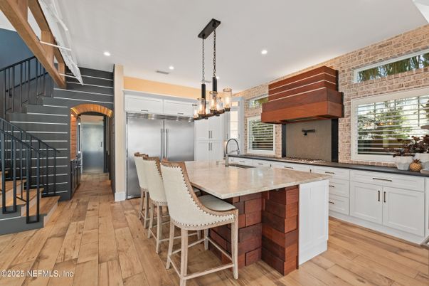 Interior, Kitchen, Pendant Lights, Recessed Lighting, Stone Walls, Wood Texture Flooring