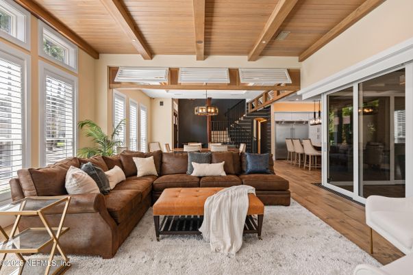 Chandelier, Dining room, Interior, Living room, Wooden Beams, Wooden Ceilings, Wood Texture Flooring