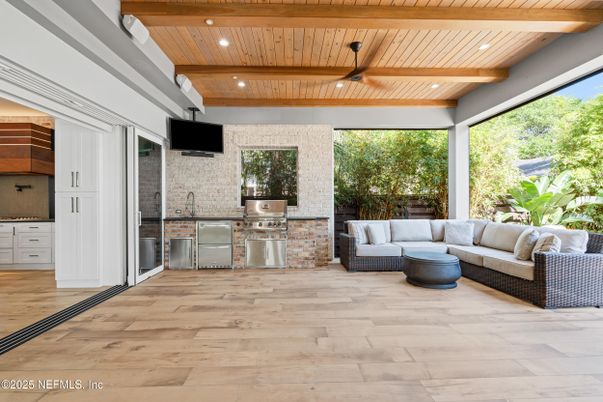 Exterior, Interior, Living room, Recessed Lighting, Stone Walls, Wooden Beams, Wooden Ceilings, Wood Texture Flooring