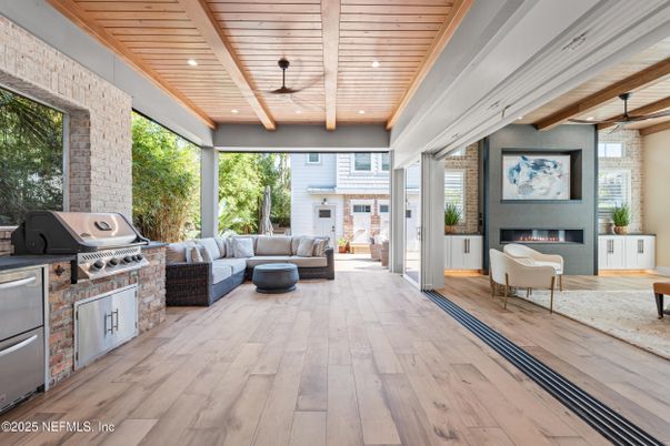 Fireplace, Interior, Living room, Pendant Lights, Recessed Lighting, Wooden Ceilings, Wood Texture Flooring