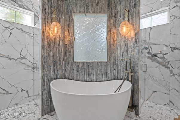 Bathroom, Free Standing Baths, Glass Shower, Interior, Marble, Marble Walls