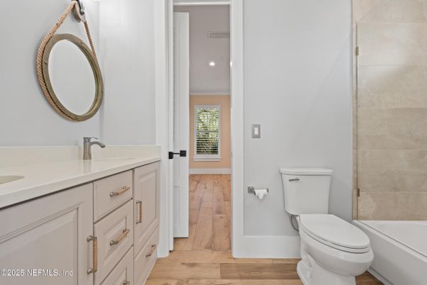 Bathroom, Interior, Recessed Lighting, Wood Texture Flooring