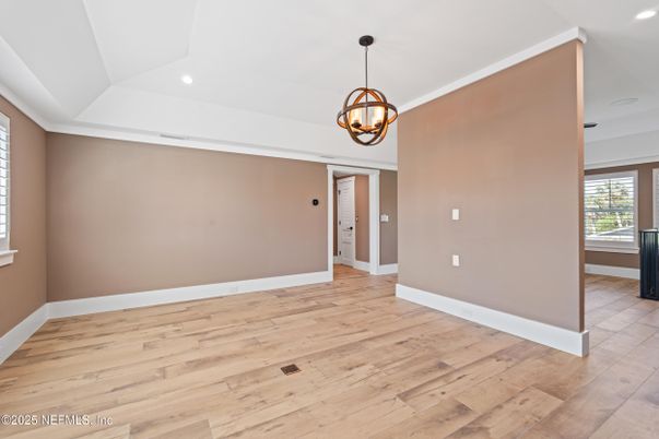 Chandelier, Empty room, Interior, Pendant Lights, Recessed Lighting, Wood Texture Flooring