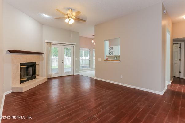 Empty room, Fireplace, Interior, Pendant Lights, Wood Texture Flooring