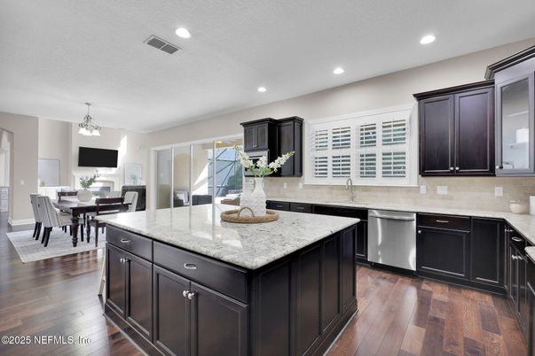 Dining room, Interior, Kitchen, Recessed Lighting, Stainless Steel Appliances, Wood Texture Flooring