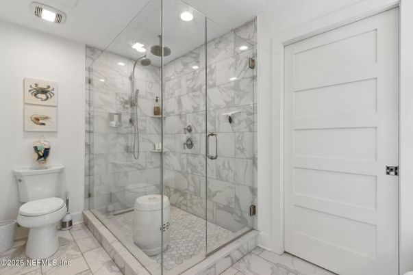 Bathroom, Glass Shower, Interior, Marble, Marble Walls, Recessed Lighting