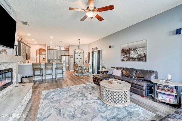 Fireplace, Interior, Kitchen, Living room, Pendant Lights, Recessed Lighting, Wood Texture Flooring