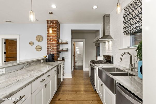 Interior, Kitchen, Pendant Lights, Recessed Lighting, Stainless Steel Appliances, Wood Texture Flooring
