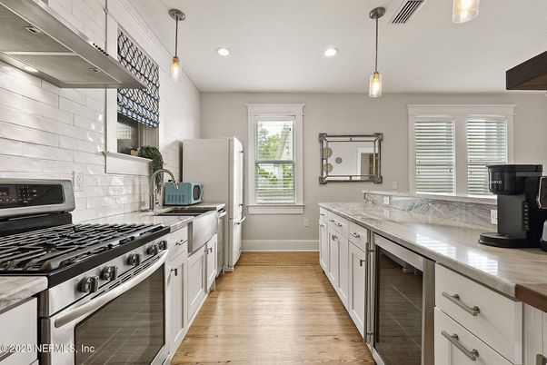 Interior, Kitchen, Pendant Lights, Recessed Lighting, Stainless Steel Appliances, Wood Texture Flooring