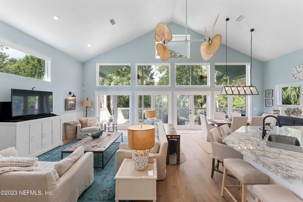 Dining room, Interior, Living room, Pendant Lights, Recessed Lighting, Wood Texture Flooring
