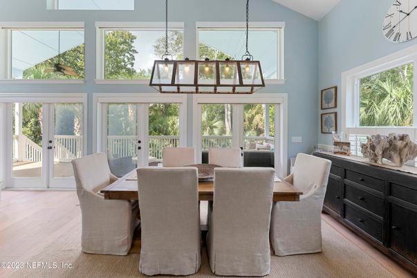 Dining room, Interior, Pendant Lights, Wood Texture Flooring