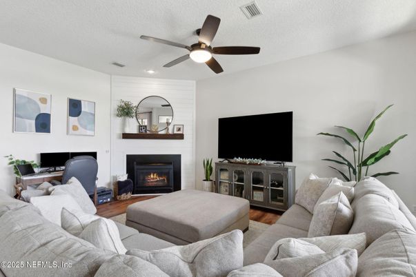 Fireplace, Interior, Living room, Recessed Lighting, Wood Texture Flooring
