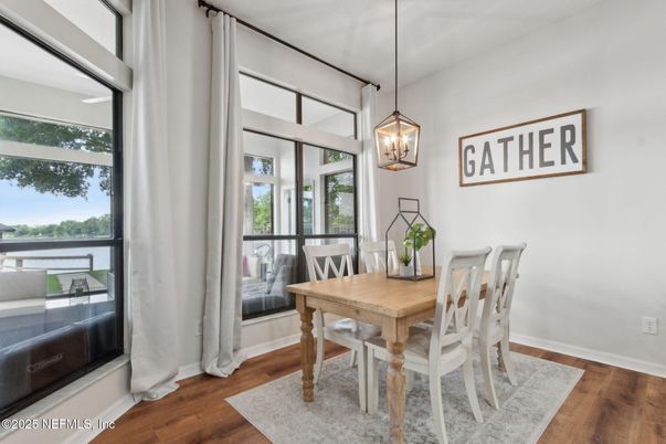 Dining room, Interior, Pendant Lights, Wood Texture Flooring
