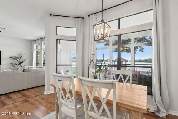 Dining room, Interior, Living room, Pendant Lights, Water, Wood Texture Flooring