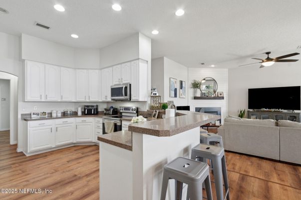 Interior, Kitchen, Living room, Recessed Lighting, Stainless Steel Appliances, Wood Texture Flooring