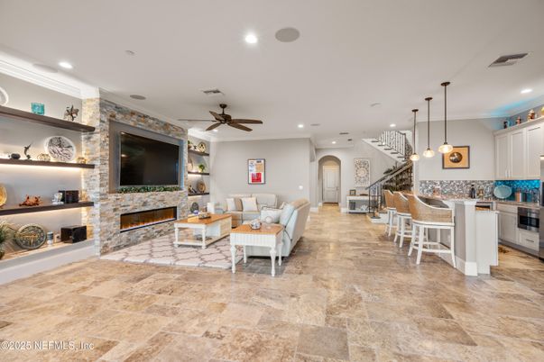 Dining room, Fireplace, Interior, Living room, Pendant Lights, Recessed Lighting, Stone Walls