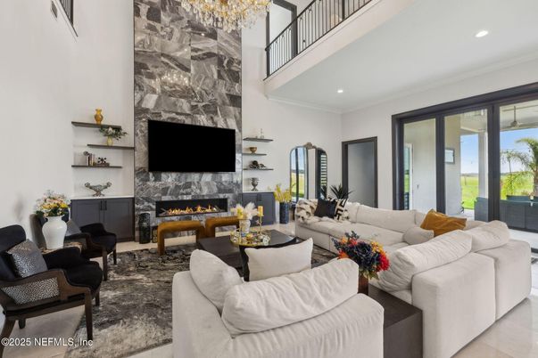 Chandelier, Fireplace, Interior, Living room, Recessed Lighting
