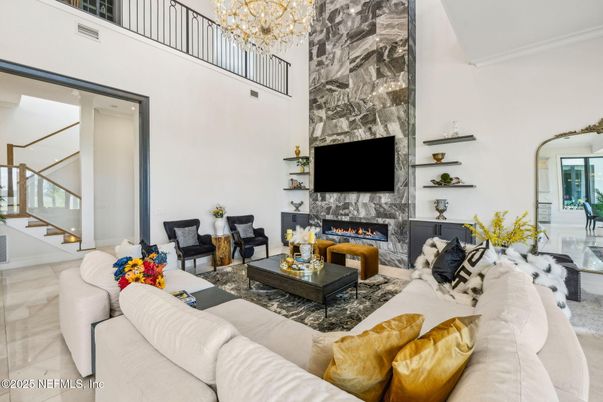 Chandelier, Fireplace, Interior, Living room