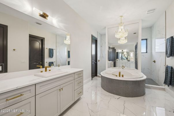 Bathroom, Chandelier, Dual Sink Vanities, Interior, Marble