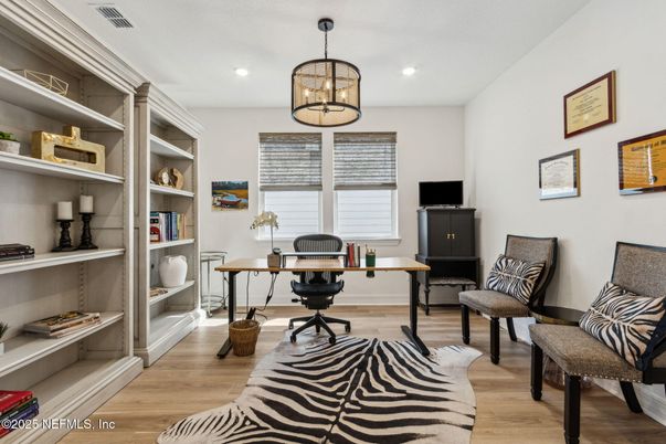 Home Office, Interior, Pendant Lights, Recessed Lighting, Wood Texture Flooring