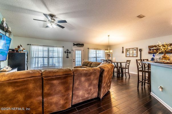 Dining room, Interior, Living room, Pendant Lights, Wood Texture Flooring
