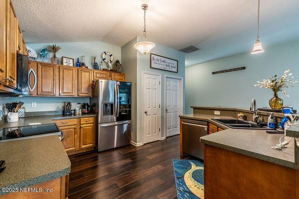 Interior, Kitchen, Pendant Lights, Stainless Steel Appliances, Wood Texture Flooring