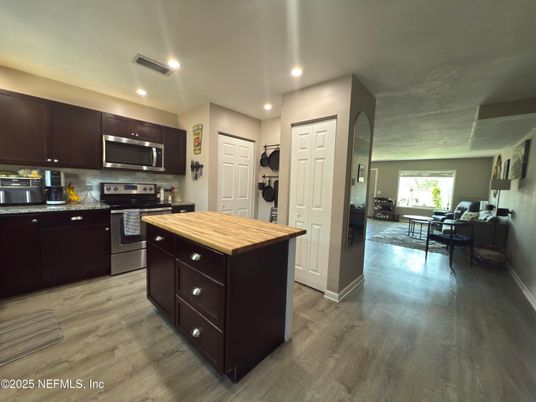 Interior, Kitchen, Living room, Recessed Lighting, Stainless Steel Appliances, Wood Texture Flooring