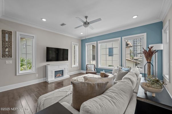 Fireplace, Interior, Living room, Recessed Lighting, Wood Texture Flooring