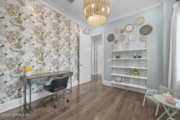 Chandelier, Home Office, Interior, Pendant Lights, Wood Texture Flooring